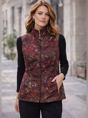 Erin London Abstract Zip Front Vest Red Burgundy Gold Black Hidden Pockets Sz M